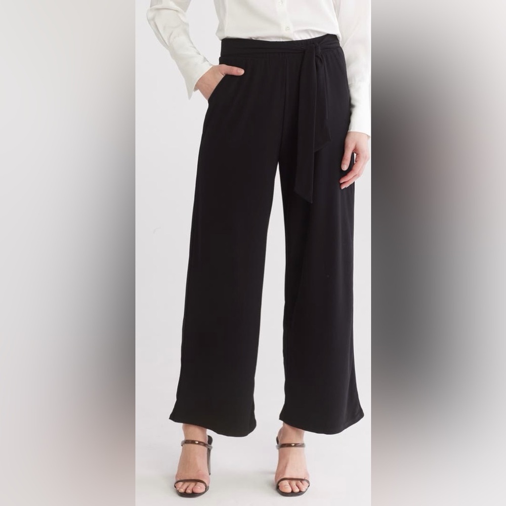 🚩T Tahari Black Tie Waist Wide Leg Trousers Size L *NWT*🛍️